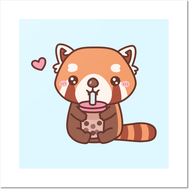 Cute Red Panda Loves Drinking Bubble Tea Wall Art by rustydoodle